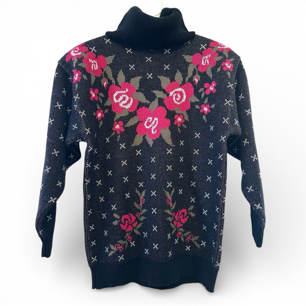 Vintage 80’s Dressing Room Black and Pink Floral Turtleneck Sweater Size Small